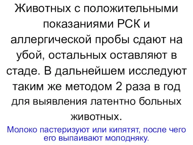 Животных с положительными показаниями РСК и аллергической пробы сдают на убой,