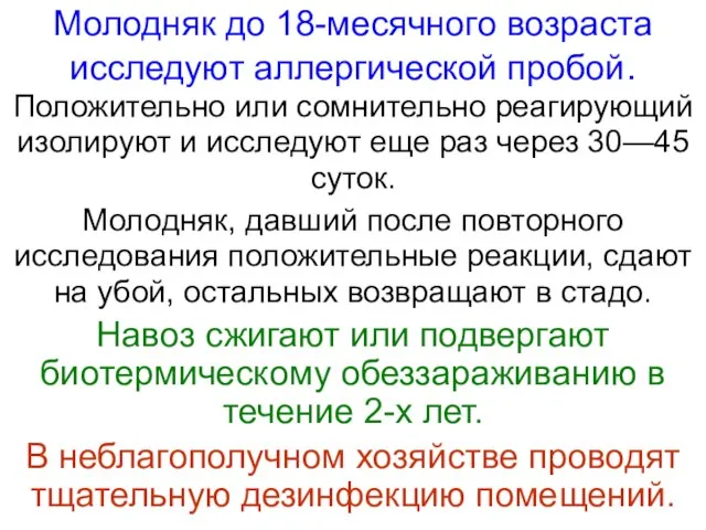 Молодняк до 18-месячного возраста исследуют аллергической пробой. Положительно или сомнительно реагирующий