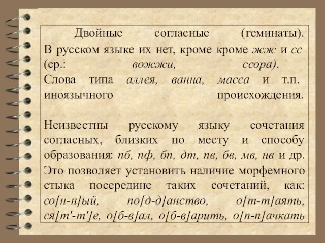 Двойные согласные (геминаты). В русском языке их нет, кроме кроме жж