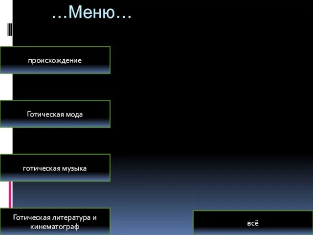 …Меню… Готическая мода готическая музыка происхождение Готическая литература и кинематограф всё