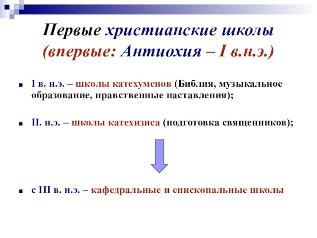 Первые христианские школы (впервые: Антиохия – I в.н.э.) I в. н.э.