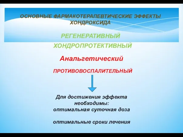 ОСНОВНЫЕ ФАРМАКОТЕРАПЕВТИЧЕСКИЕ ЭФФЕКТЫ ХОНДРОКСИДА РЕГЕНЕРАТИВНЫЙ ХОНДРОПРОТЕКТИВНЫЙ Анальгетический ПРОТИВОВОСПАЛИТЕЛЬНЫЙ Для достижения эффекта