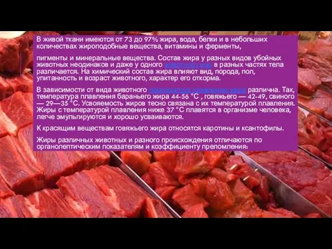 В живой ткани имеются от 73 до 97% жира, вода, белки