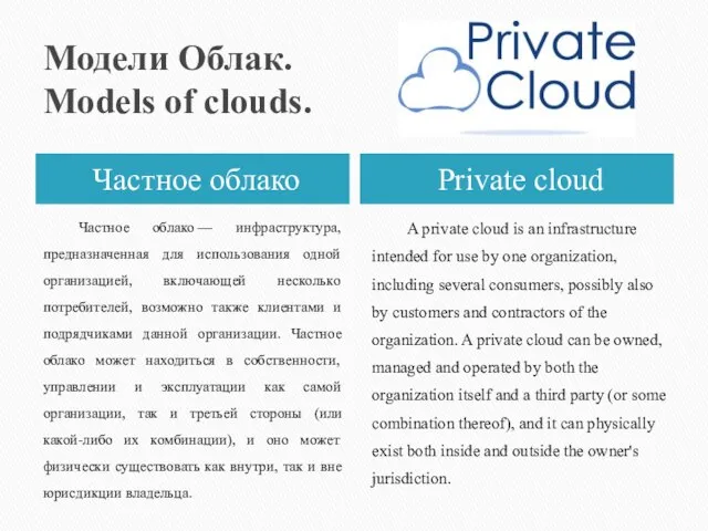 Модели Облак. Models of clouds. Частное облако Private cloud Частное облако