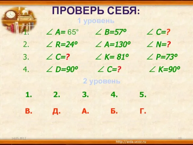 14.05.2012 ПРОВЕРЬ СЕБЯ: 1 уровень 2 уровень