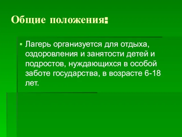 Общие положения: Лагерь организуется для отдыха, оздоровления и занятости детей и