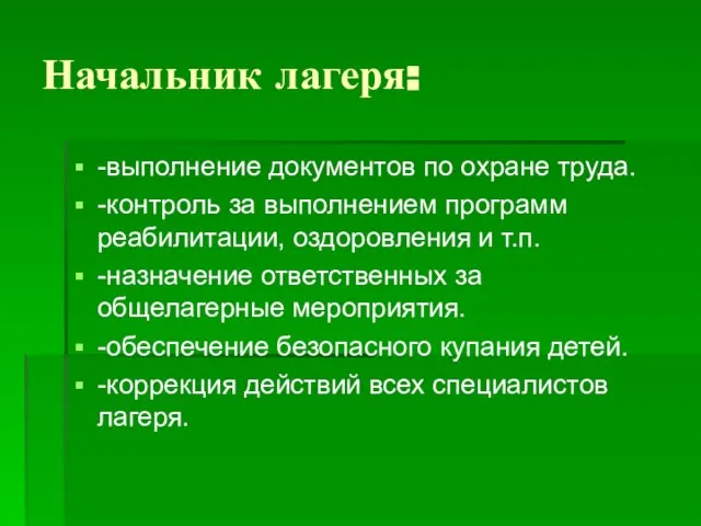 Начальник лагеря: -выполнение документов по охране труда. -контроль за выполнением программ