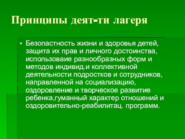 Принципы деят-ти лагеря Безопастность жизни и здоровья детей, защита их прав