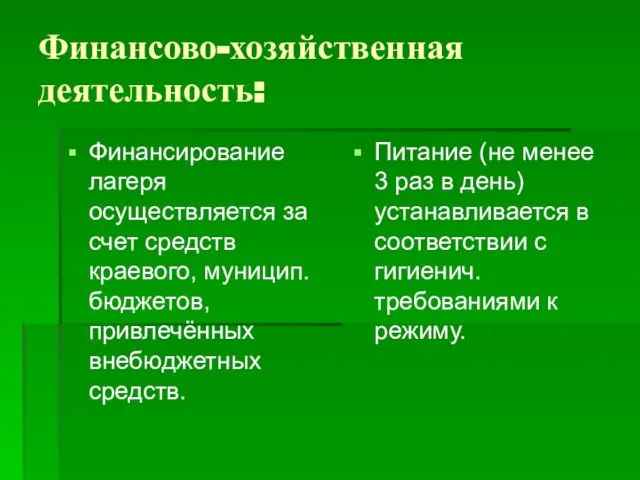 Финансово-хозяйственная деятельность: Финансирование лагеря осуществляется за счет средств краевого, муницип. бюджетов,