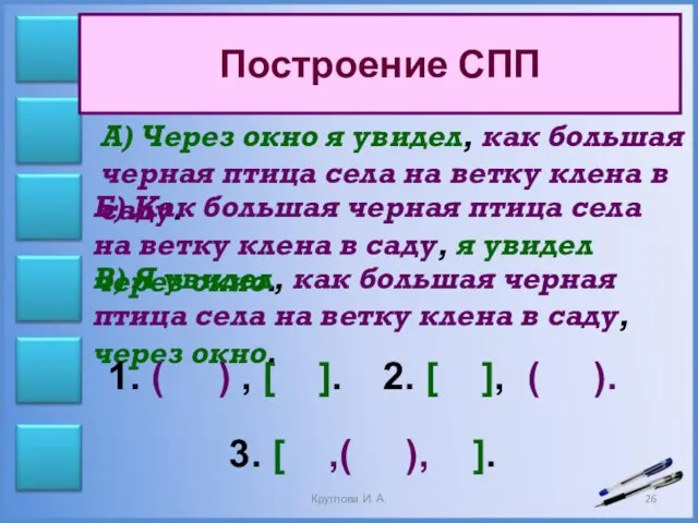 Построение СПП А) Через окно я увидел, как большая черная птица