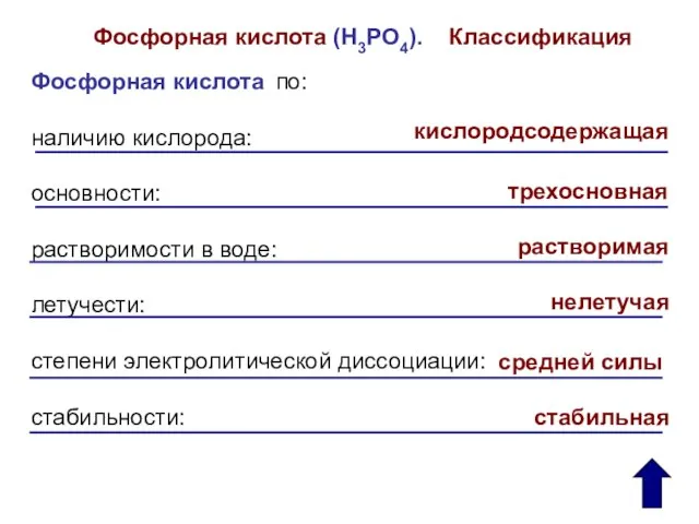 Фосфорная кислота (H3РO4). Классификация Фосфорная кислота по: наличию кислорода: основности: растворимости