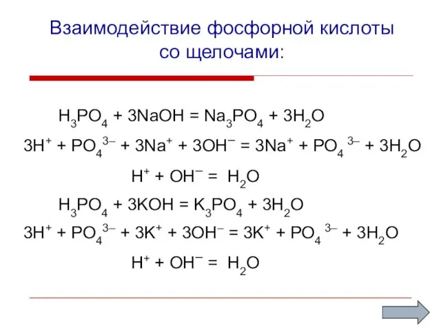 Взаимодействие фосфорной кислоты со щелочами: H3PO4 + 3NaOH = Na3PO4 +