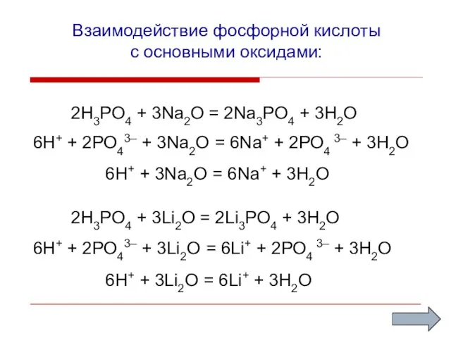 Взаимодействие фосфорной кислоты с основными оксидами: 2H3PO4 + 3Na2O = 2Na3PO4