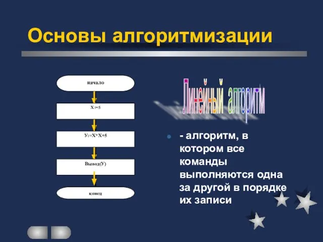 - алгоритм, в котором все команды выполняются одна за другой в