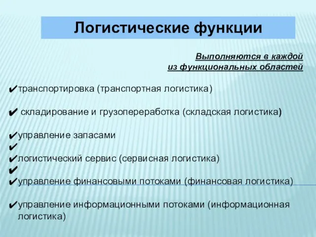 Выполняются в каждой из функциональных областей транспортировка (транспортная логистика) складирование и