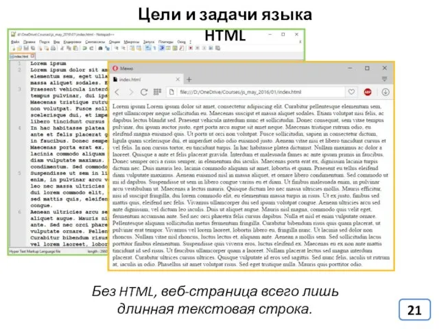 Цели и задачи языка HTML Без HTML, веб-страница всего лишь длинная текстовая строка.