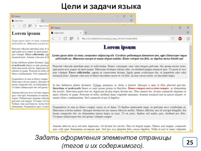 Цели и задачи языка CSS Задать оформления элементов страницы (тегов и их содержимого).