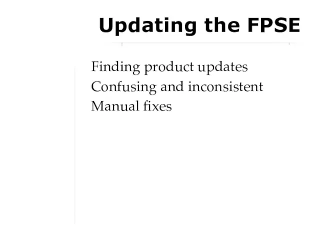 Updating the FPSE Finding product updates Confusing and inconsistent Manual fixes