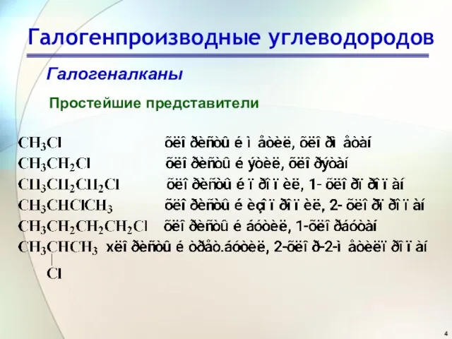 Галогенпроизводные углеводородов Галогеналканы Простейшие представители