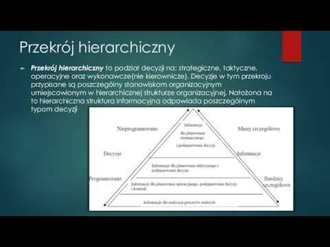 Przekrój hierarchiczny Przekrój hierarchiczny to podział decyzji na: strategiczne, taktyczne, operacyjne