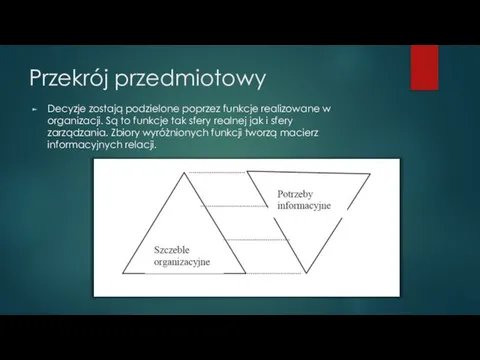 Przekrój przedmiotowy Decyzje zostają podzielone poprzez funkcje realizowane w organizacji. Są