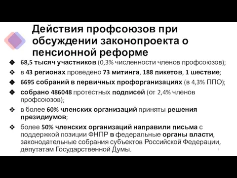 Действия профсоюзов при обсуждении законопроекта о пенсионной реформе 68,5 тысяч участников