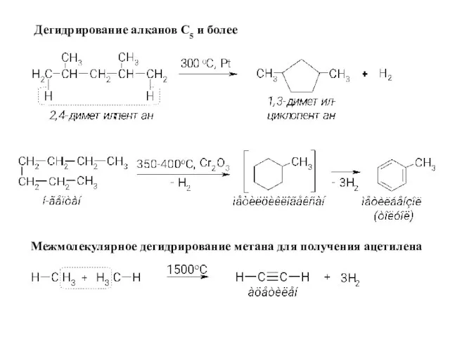 Дегидрирование алканов С5 и более Межмолекулярное дегидрирование метана для получения ацетилена