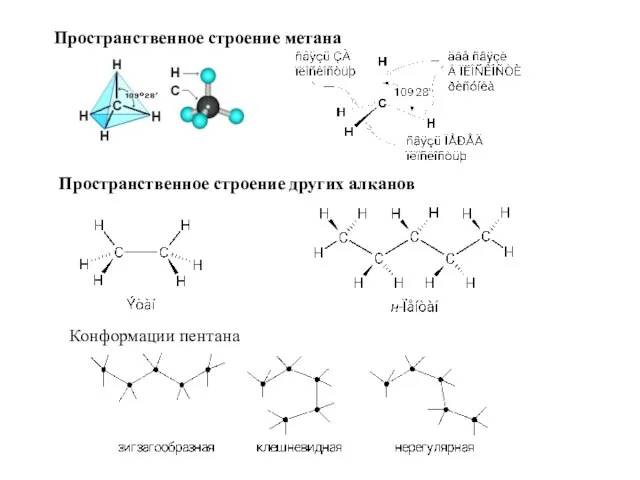 Пространственное строение метана Пространственное строение других алканов Конформации пентана