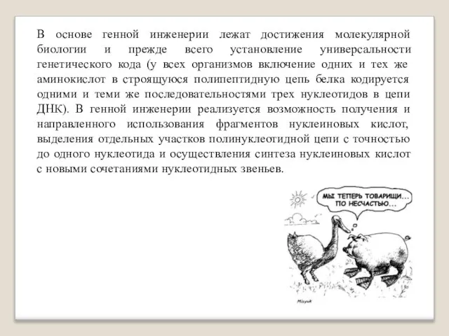 В основе генной инженерии лежат достижения молекулярной биологии и прежде всего