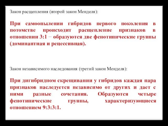 Закон расщепления (второй закон Менделя): При самоопылении гибридов первого поколения в