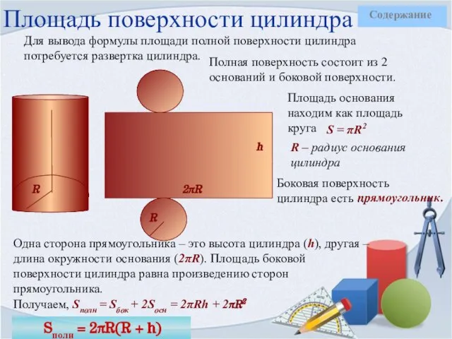 Площадь поверхности цилиндра Для вывода формулы площади полной поверхности цилиндра потребуется