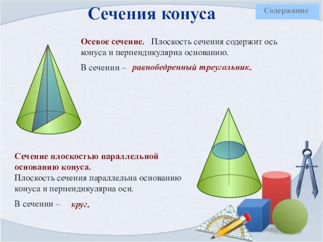 Сечения конуса Осевое сечение. Плоскость сечения содержит ось конуса и перпендикулярна