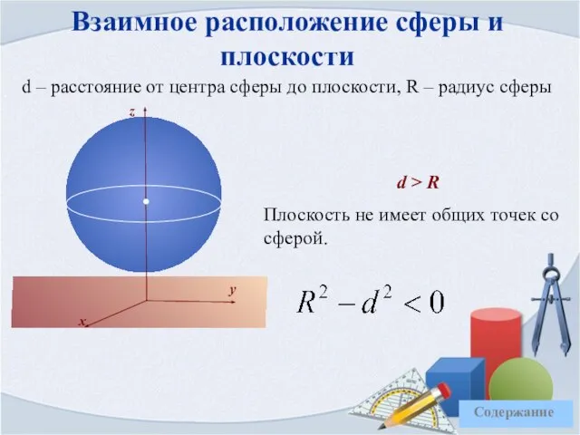 Взаимное расположение сферы и плоскости d – расстояние от центра сферы