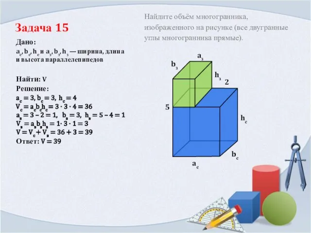 Задача 15 Дано: Решение: Vc = aсbсhс = 3 · 3