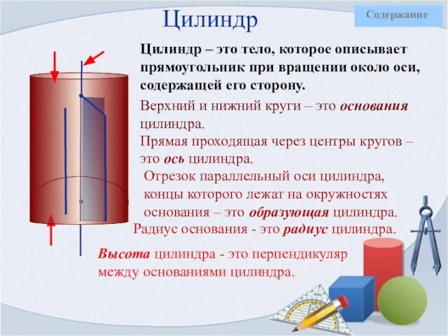 Цилиндр Цилиндр – это тело, которое описывает прямоугольник при вращении около