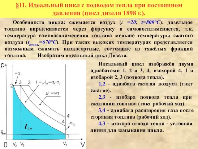 Особенности цикла: сжимается воздух (ε =20; t=800°С); дизельное топливо впрыскивается через