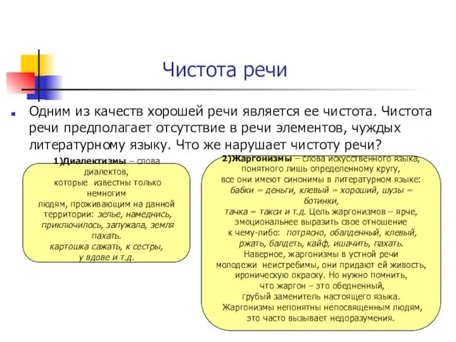 Чистота речи Одним из качеств хорошей речи является ее чистота. Чистота