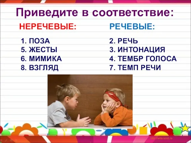 Приведите в соответствие: НЕРЕЧЕВЫЕ: РЕЧЕВЫЕ: 2. РЕЧЬ 3. ИНТОНАЦИЯ 4. ТЕМБР