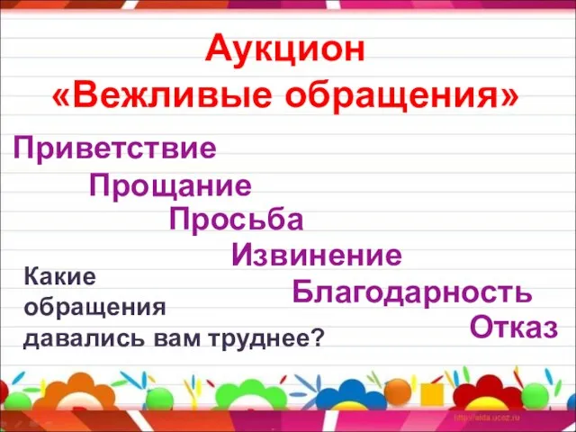 Приветствие Прощание Просьба Благодарность Извинение Отказ Аукцион «Вежливые обращения» Какие обращения давались вам труднее?