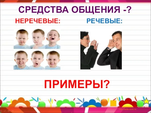 СРЕДСТВА ОБЩЕНИЯ -? НЕРЕЧЕВЫЕ: РЕЧЕВЫЕ: ПРИМЕРЫ?