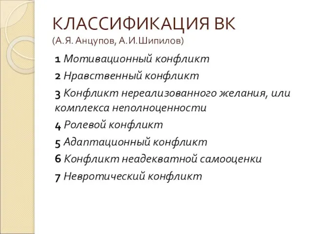 КЛАССИФИКАЦИЯ ВК (А.Я. Анцупов, А.И.Шипилов) 1 Мотивационный конфликт 2 Нравственный конфликт