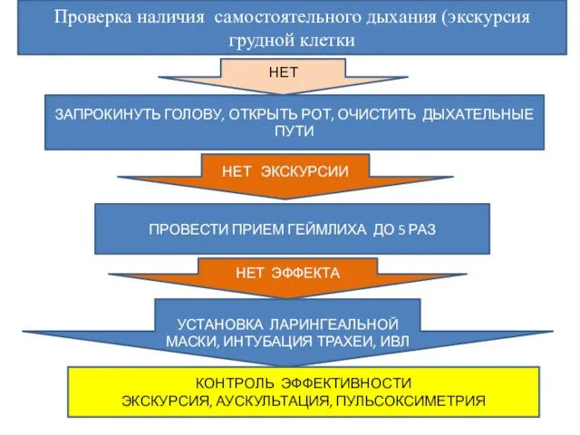 Проверка наличия самостоятельного дыхания (экскурсия грудной клетки НЕТ ЗАПРОКИНУТЬ ГОЛОВУ, ОТКРЫТЬ