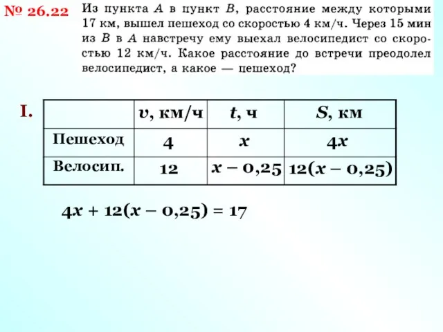 № 26.22 I. v, км/ч Пешеход Велосип. t, ч S, км