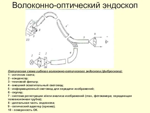 Волоконно-оптический эндоскоп Оптическая схема гибкого волоконно-оптического эндоскопа (фиброскопа): 1 - источник