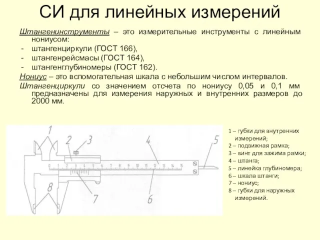 СИ для линейных измерений Штангенинструменты – это измерительные инструменты с линейным