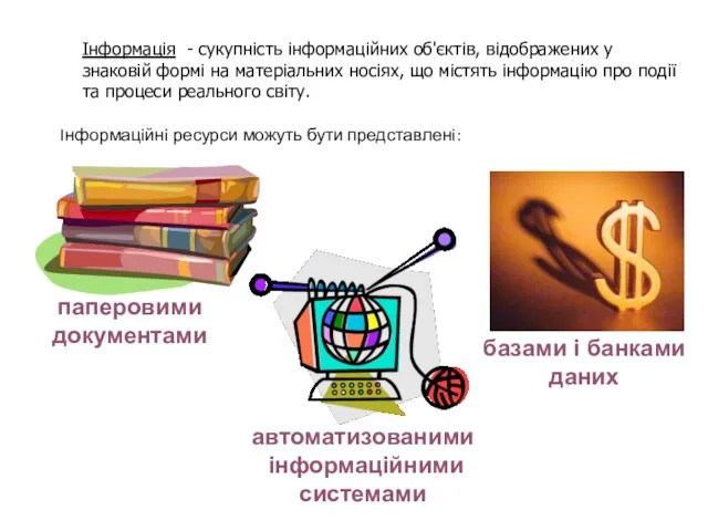 Інформація - сукупнiсть iнформацiйних об'єктiв, вiдображених у знаковiй формi на матерiальних