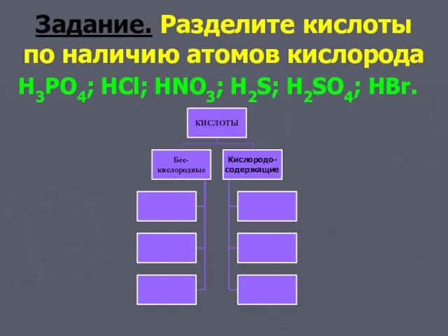 Задание. Разделите кислоты по наличию атомов кислорода H3PO4; HCl; HNO3; H2S; H2SO4; HBr.