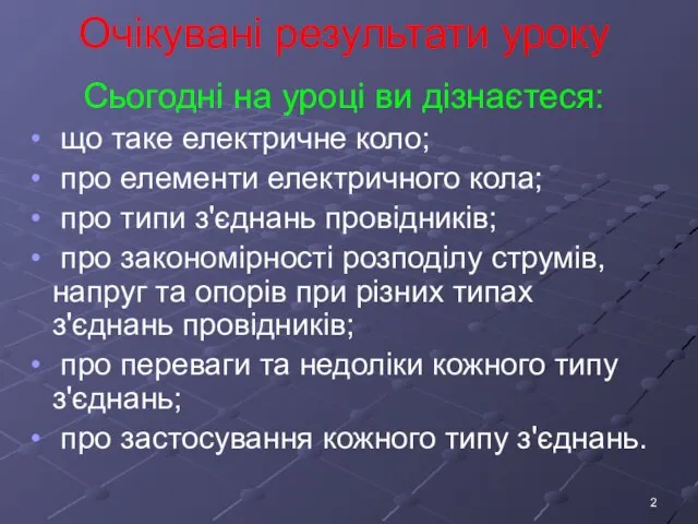 Очікувані результати уроку Сьогодні на уроці ви дізнаєтеся: що таке електричне