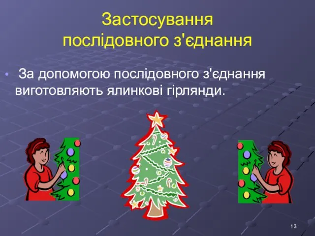 Застосування послідовного з'єднання За допомогою послідовного з'єднання виготовляють ялинкові гірлянди.