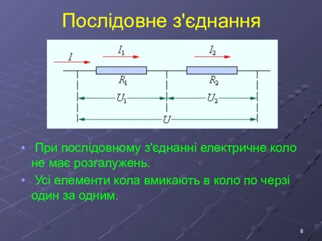 Послідовне з'єднання При послідовному з'єднанні електричне коло не має розгалужень. Усі